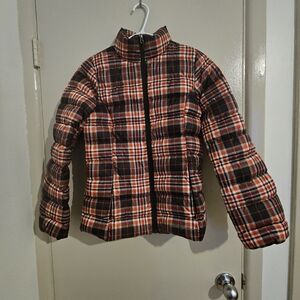 Eddie Bauer Womans Plaid Puffer Jacket - Red and Black